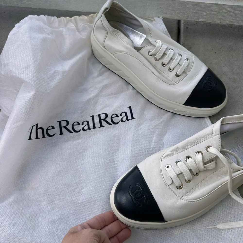 Chanel White and Black Leather Sneakers - Picture 4 of 16